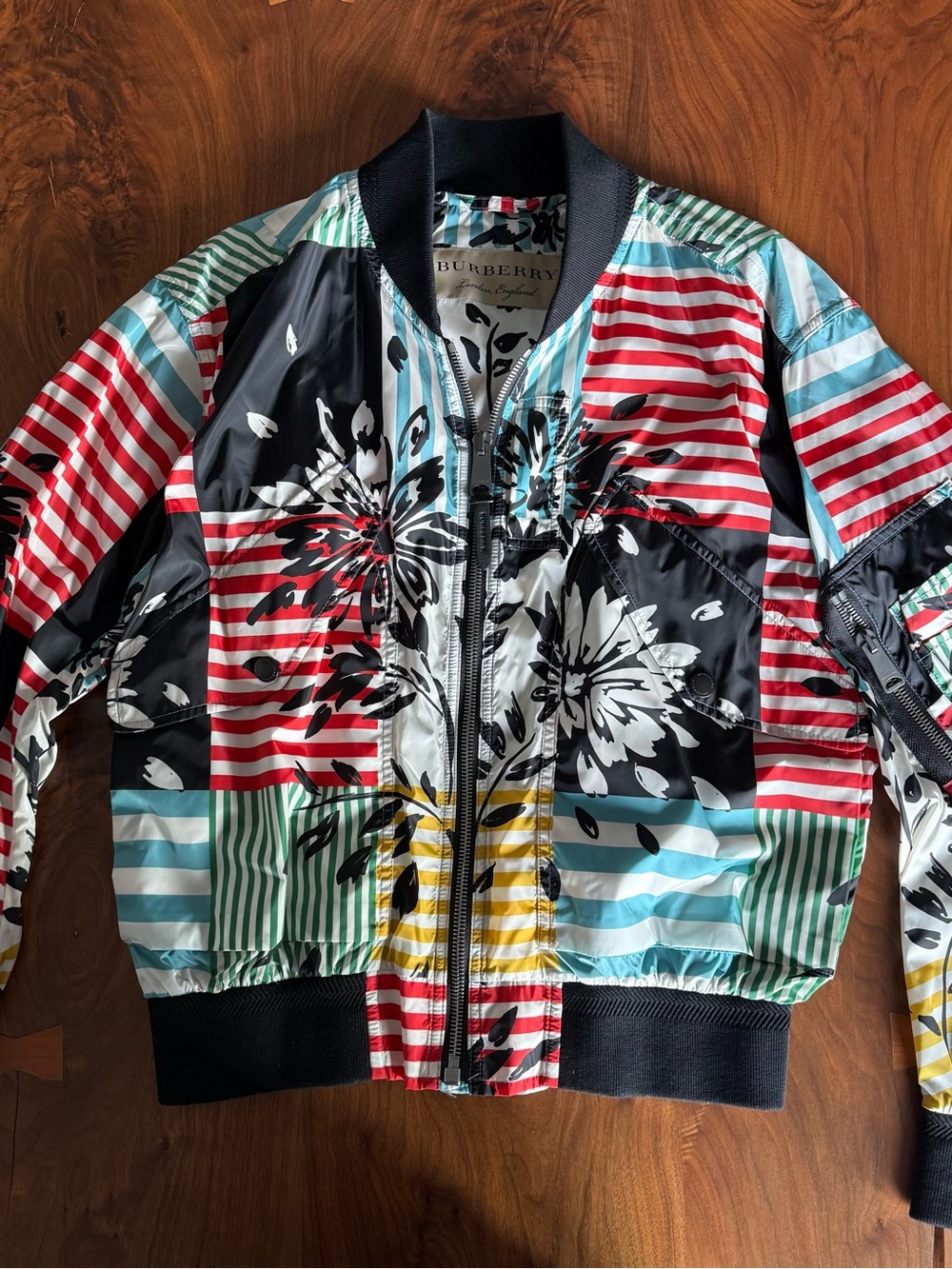 Burberry Multicolor Striped Floral Mens Bomber Jacket - US38